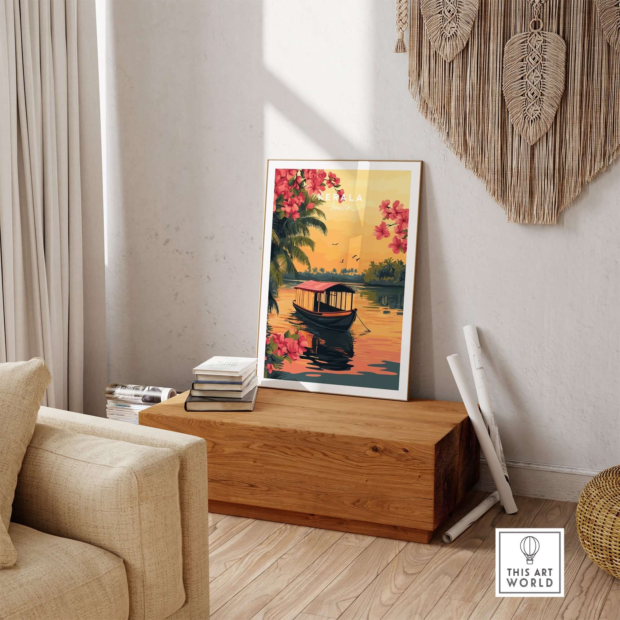 Kerala Print India travel poster showcasing a beautiful boat scene with vibrant flowers, perfect for home decor.