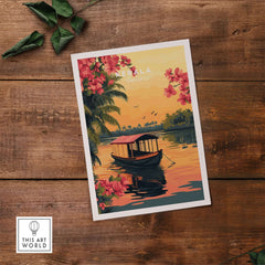 Kerala Print India travel poster featuring a traditional boat and vibrant flowers against a sunset reflection.