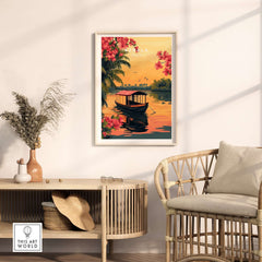 Kerala Print India travel poster showcasing a vibrant sunset scene with a traditional boat and tropical foliage.