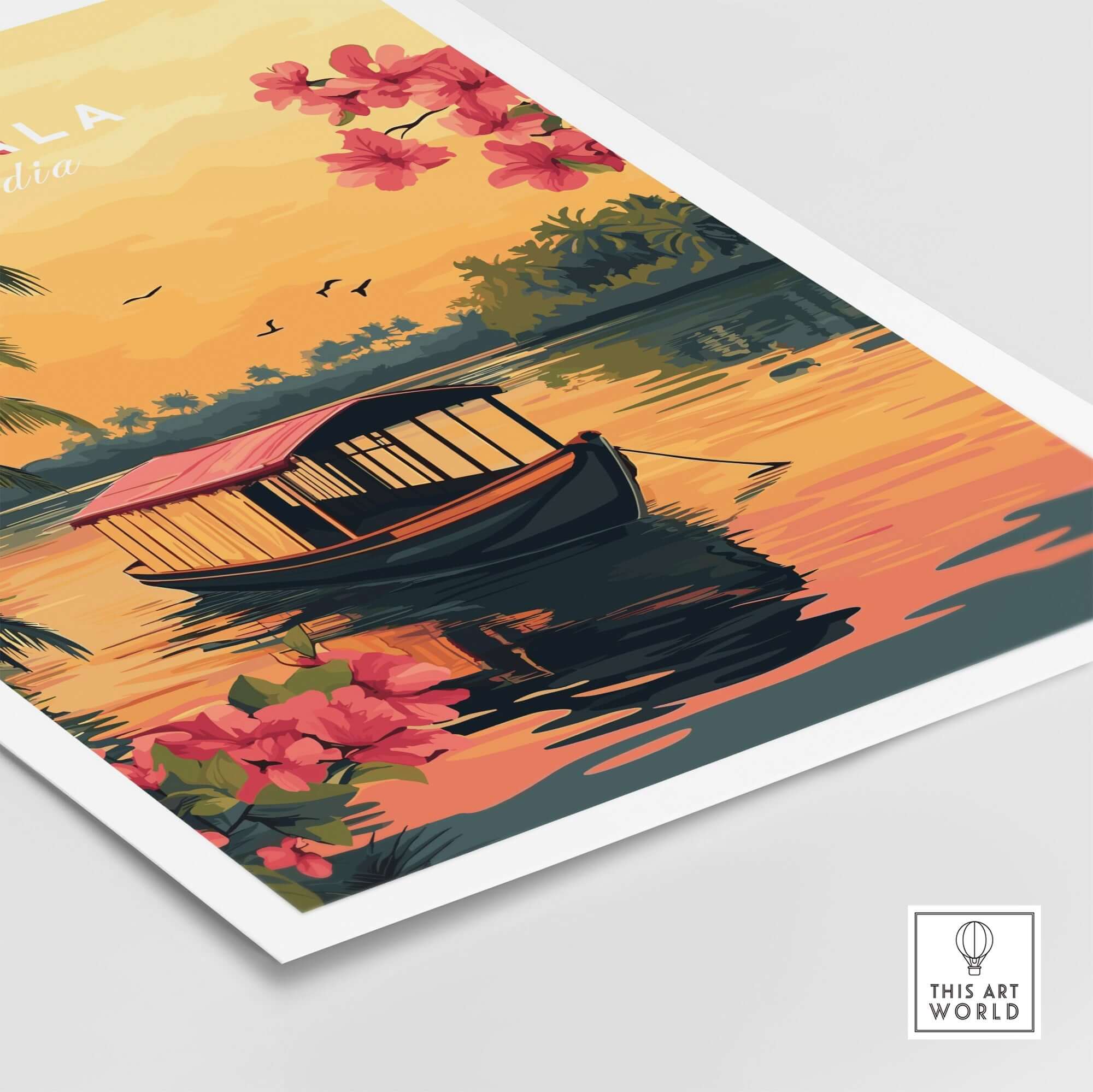 Kerala Print India travel poster featuring a serene boat on water surrounded by vibrant flowers at sunset.