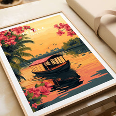 Kerala Print India travel poster featuring a vibrant sunset scene with traditional boat and flowers.