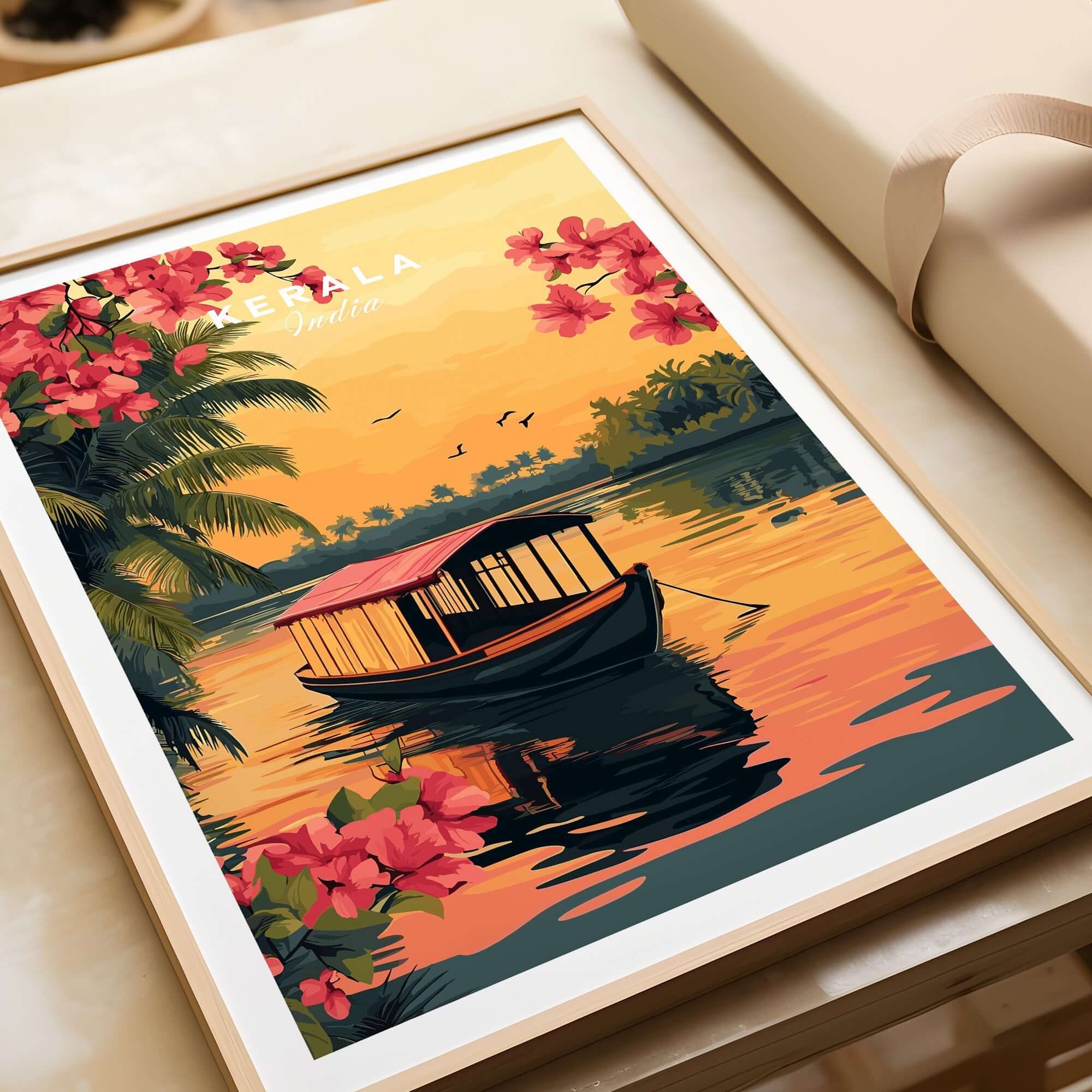 Kerala Print India travel poster featuring a vibrant sunset scene with traditional boat and flowers.