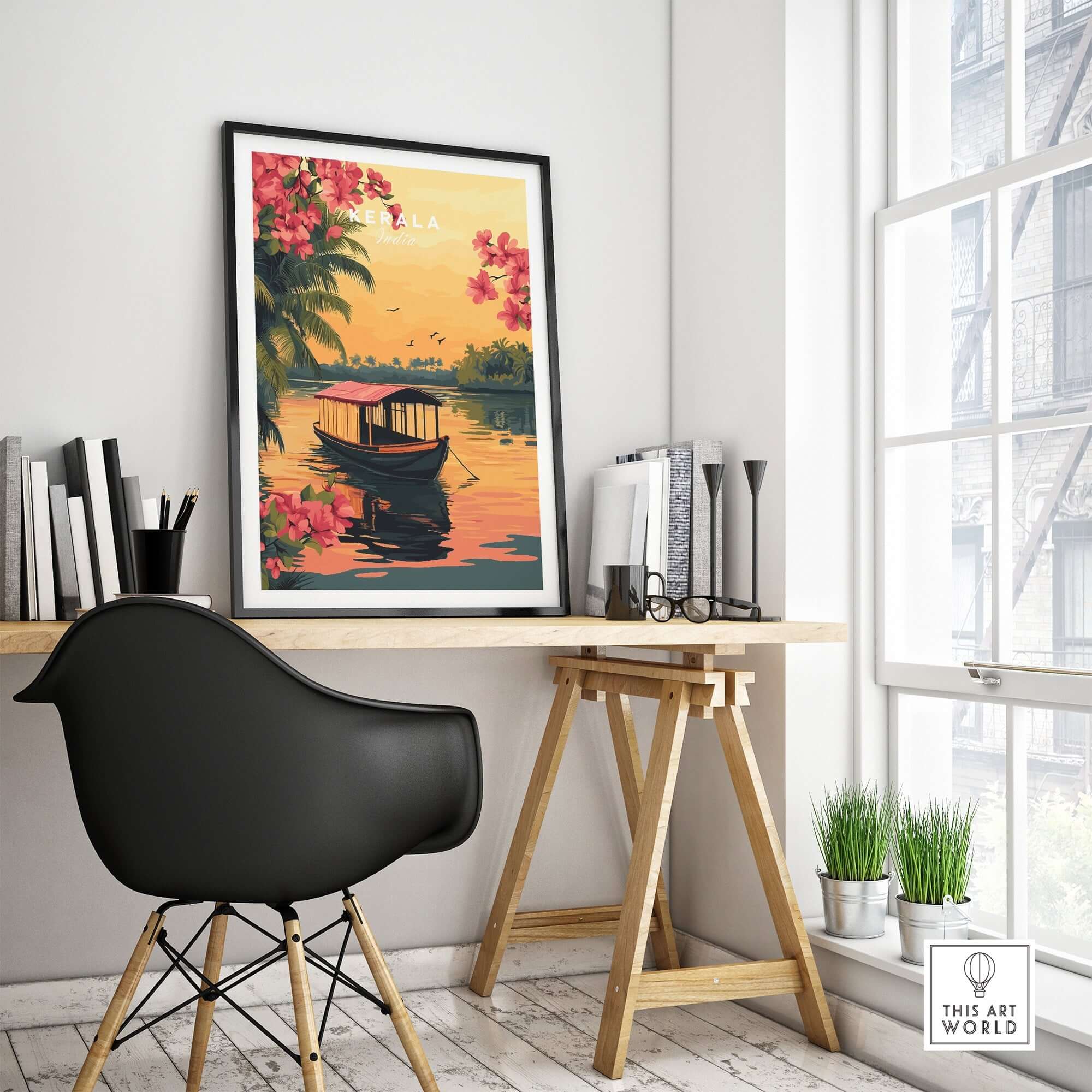 Kerala Print India travel poster featuring a scenic sunset view with flowers and a boat, ideal for home decor.