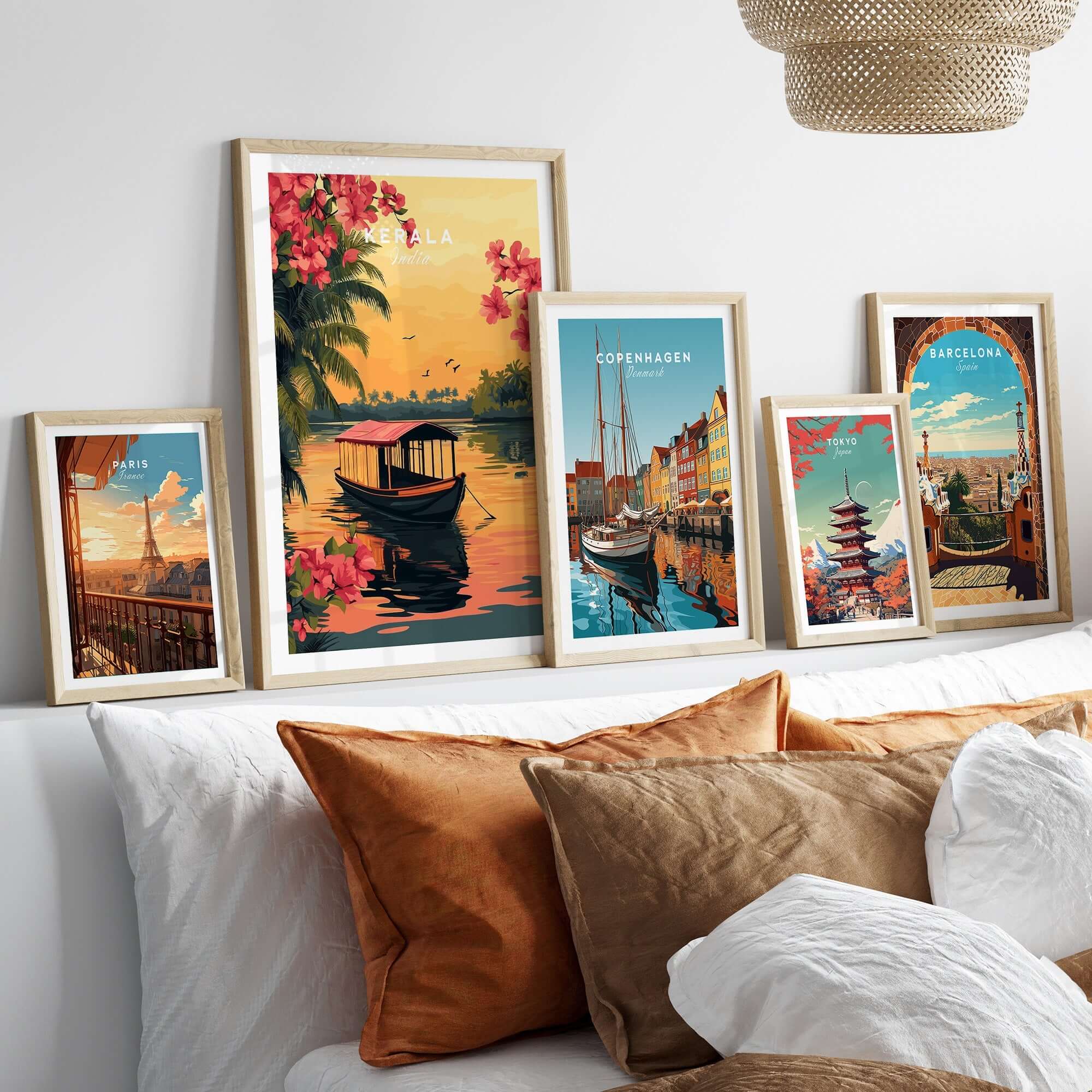 Kerala Print India travel posters featuring vibrant landscapes and cultural art, perfect for home decoration.