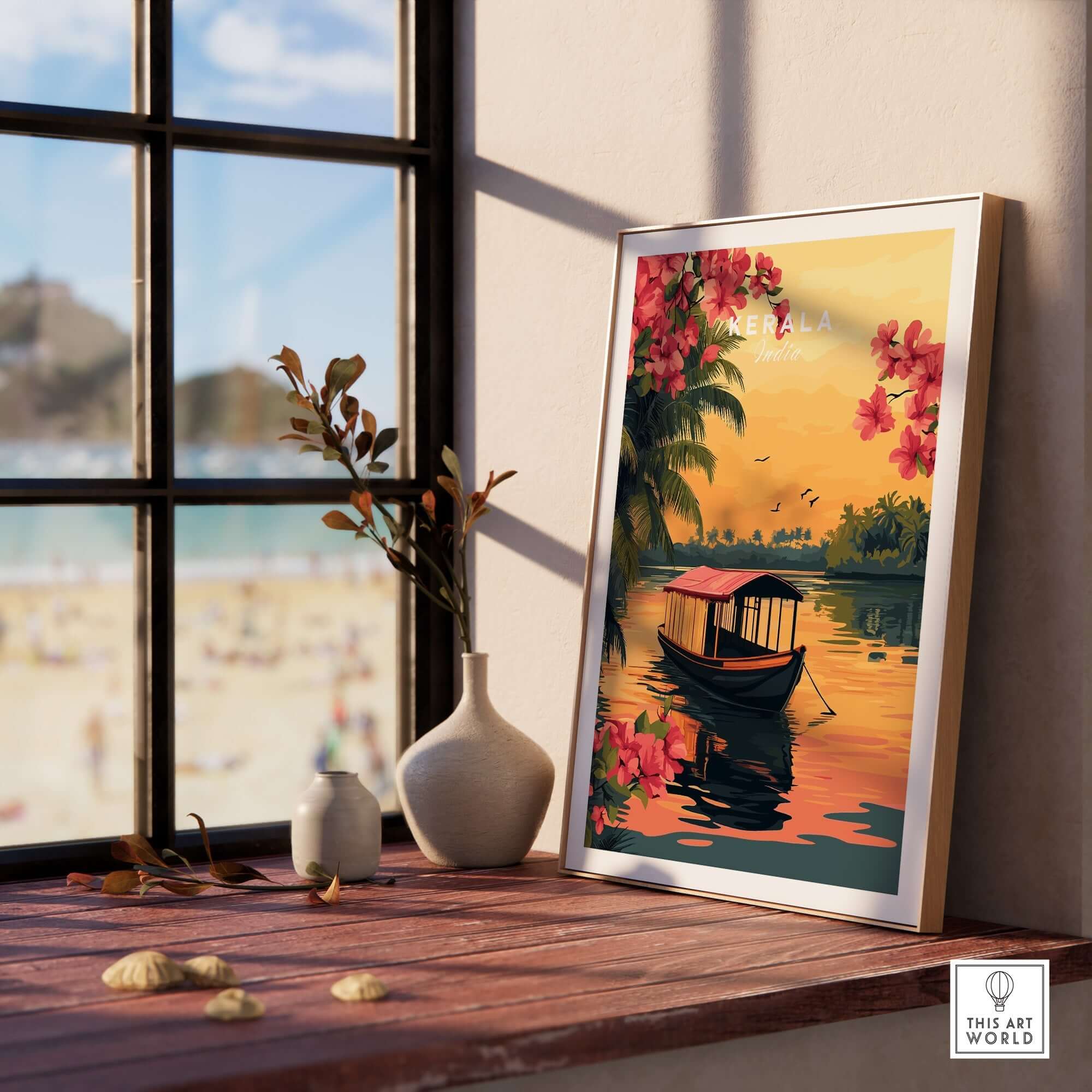 Kerala Print India travel poster with a boat, palm trees, and flowers, showcasing the beauty of Kerala.