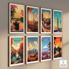 Colorful travel posters from various cities including Paris, Barcelona, and Tokyo in stylish frames.