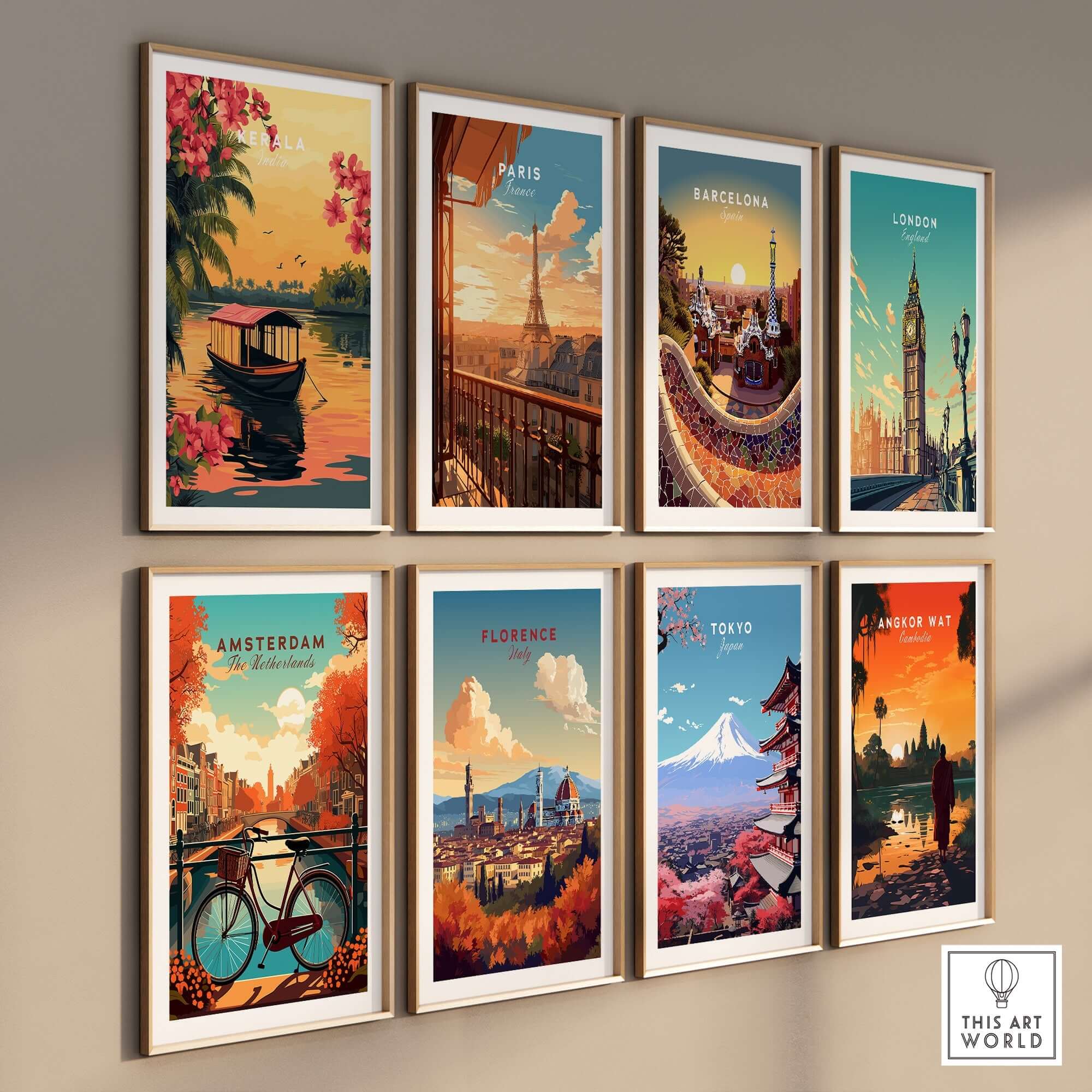 Colorful travel posters from various cities including Paris, Barcelona, and Tokyo in stylish frames.