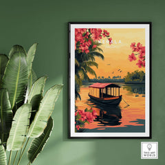 Travel poster of Kerala Print India showcasing vibrant colors and traditional art with a scenic view of a boat.