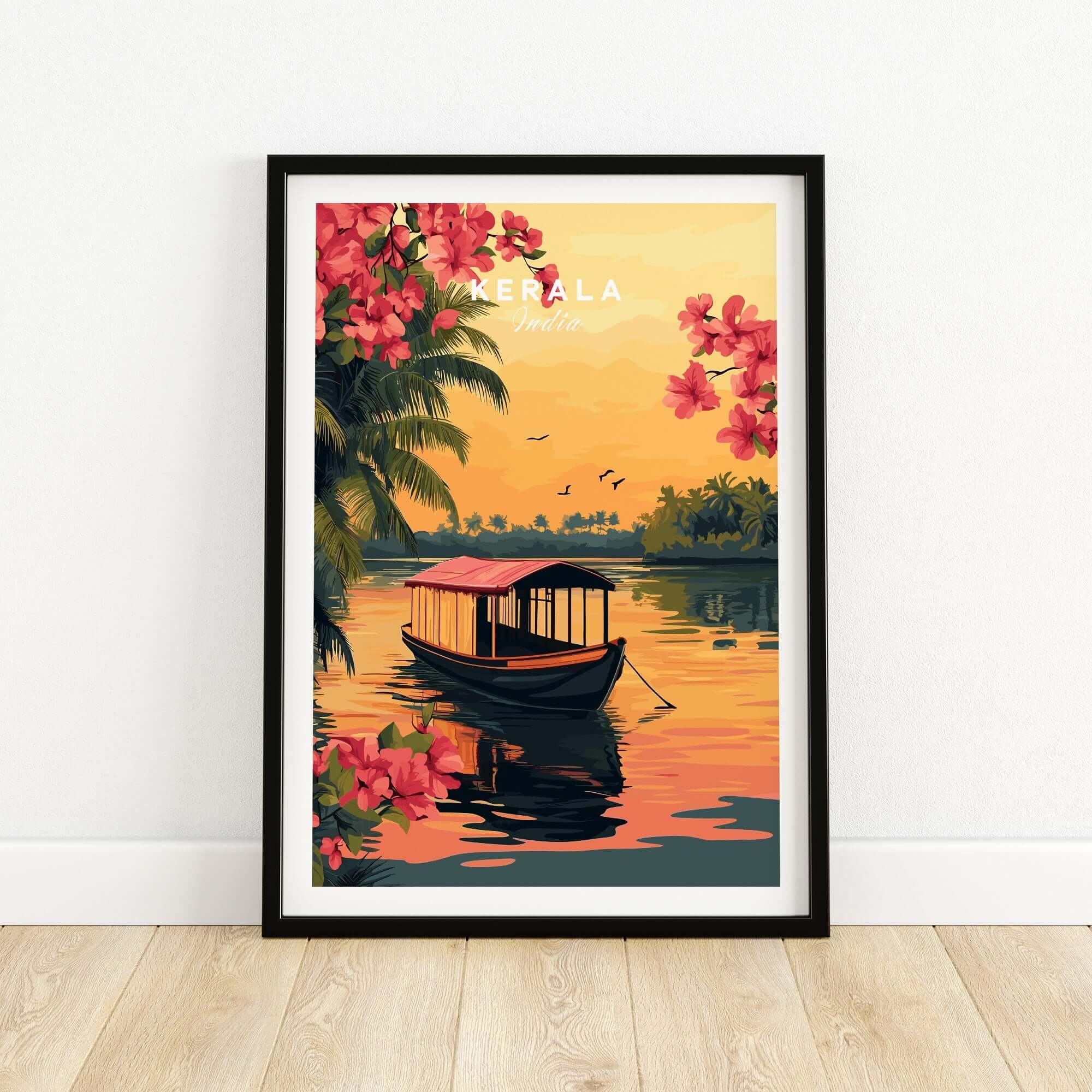 Kerala Print India travel poster featuring vibrant colors, a scenic landscape with a traditional boat and blooming flowers.