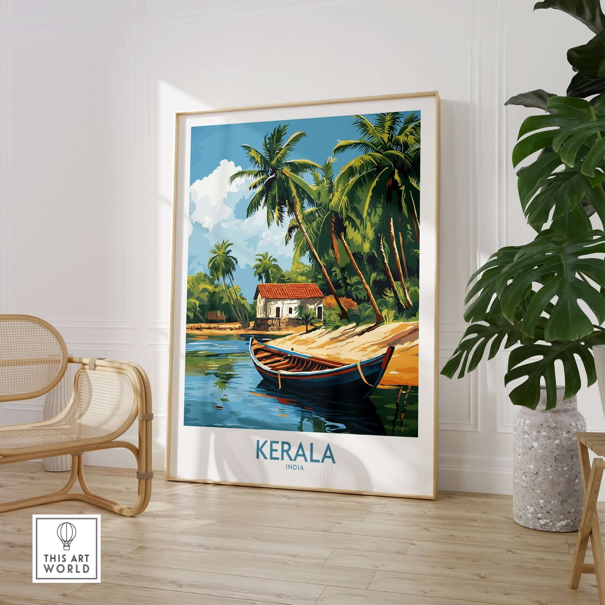 Kerala Travel Poster India showcasing a serene landscape with a boat and palm trees, perfect for home decor.