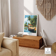 Kerala Travel Poster India showcasing a tranquil Kerala landscape with a boat and palm trees.