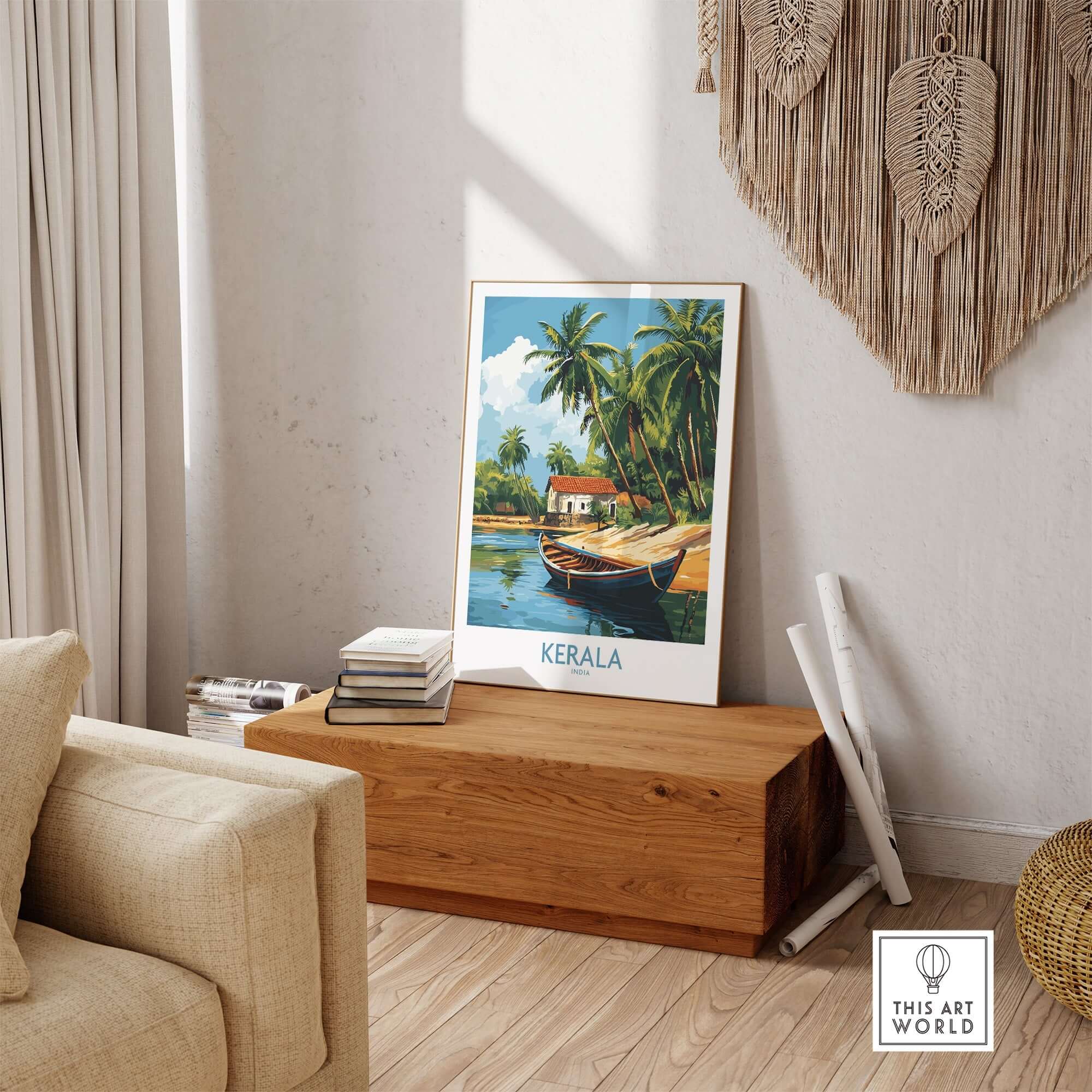 Kerala Travel Poster India showcasing a tranquil Kerala landscape with a boat and palm trees.