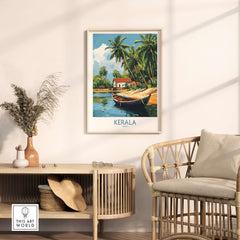 Kerala Travel Poster India showcasing a serene landscape with palm trees and a house by the water.