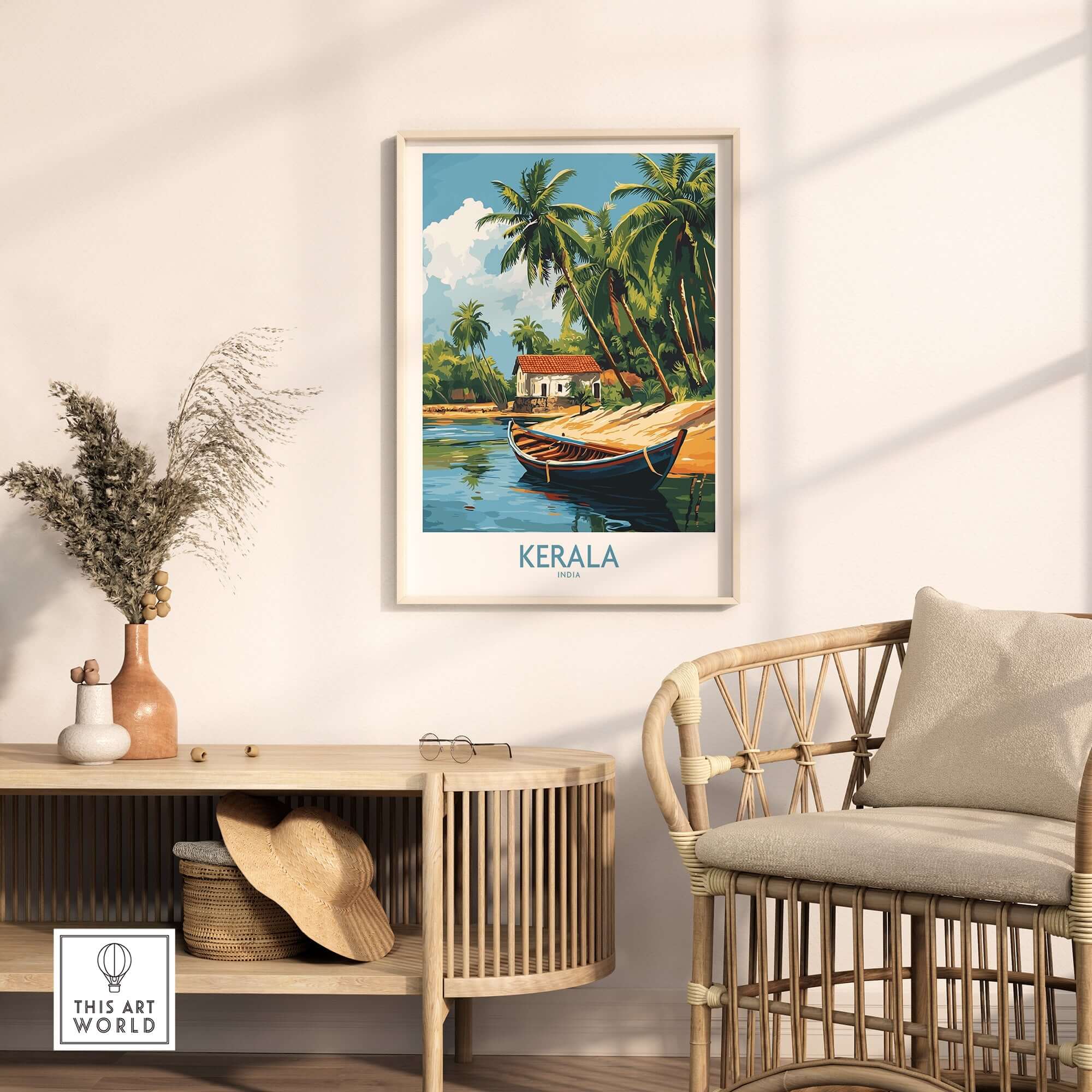 Kerala Travel Poster India showcasing a serene landscape with palm trees and a house by the water.