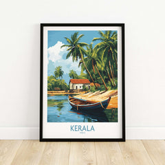 Kerala Travel Poster India featuring a scenic view of a boat, palm trees, and a house by the water.