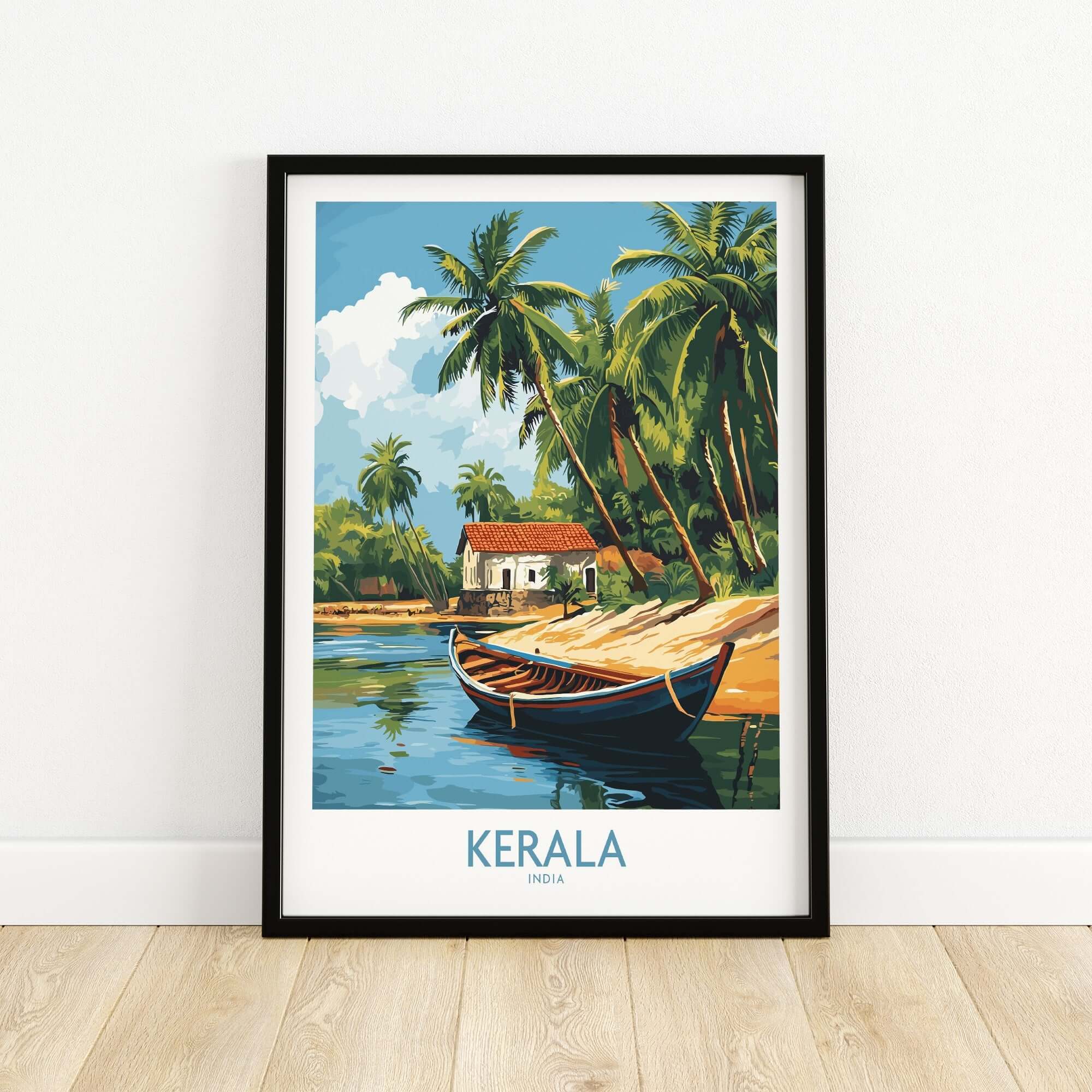 Kerala Travel Poster India featuring a scenic view of a boat, palm trees, and a house by the water.