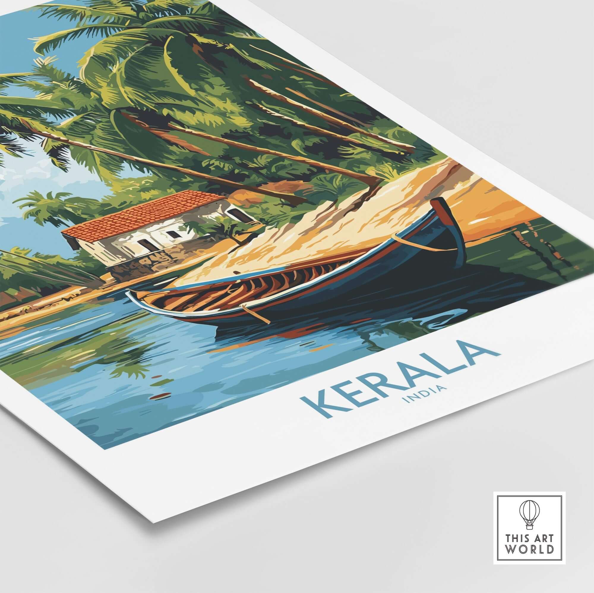 Kerala Travel Poster India featuring vibrant landscapes, palms, and a traditional boat on the water.