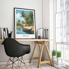 Kerala Travel Poster India displayed in a stylish home office setting with tropical landscape and boat.