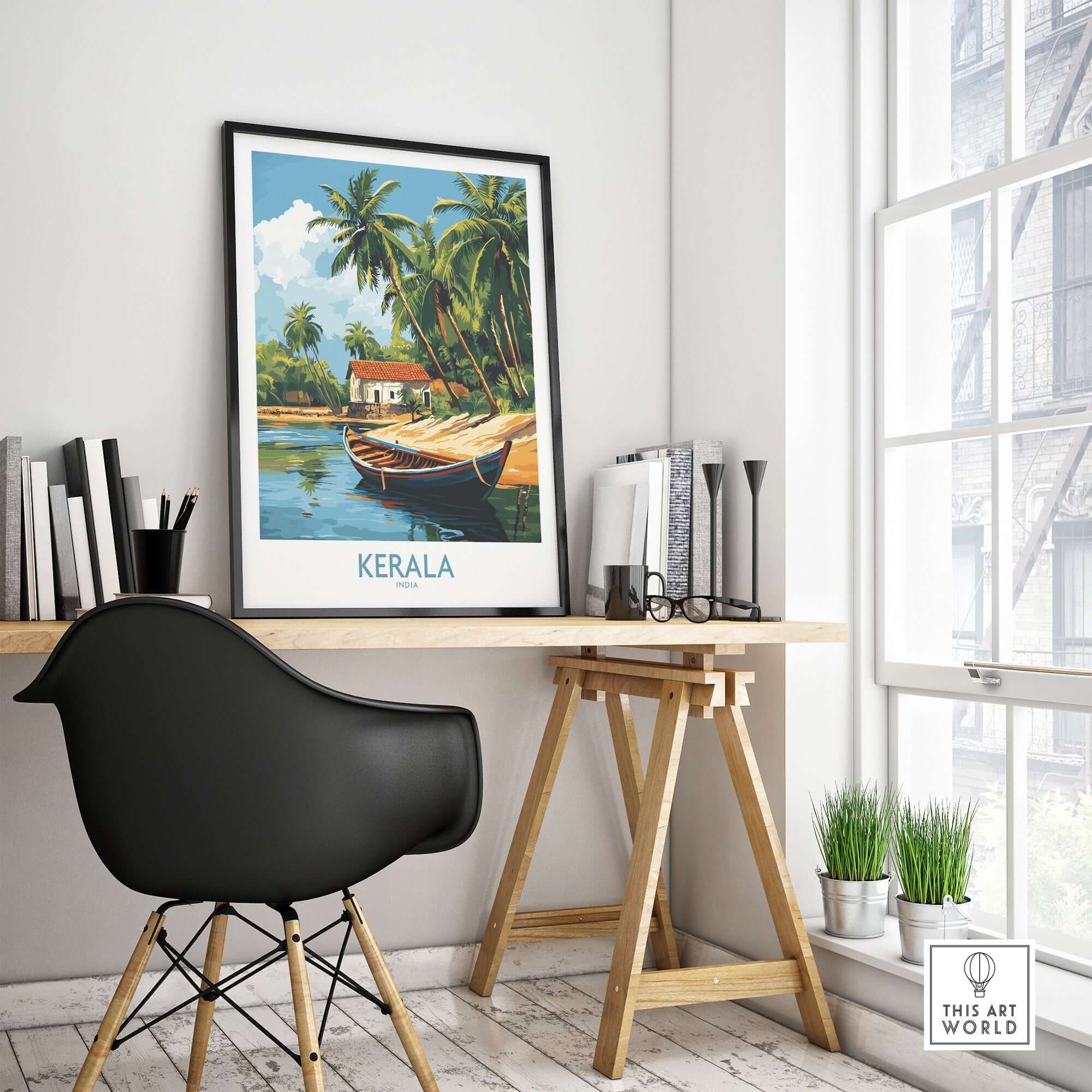 Kerala Travel Poster India displayed in a stylish home office setting with tropical landscape and boat.