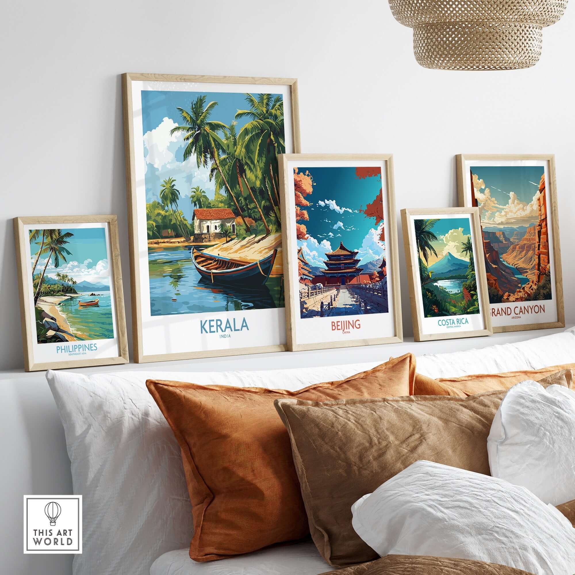 Kerala Travel Poster India showcasing vibrant landscapes and culture of Kerala, framed artwork for travel inspiration.