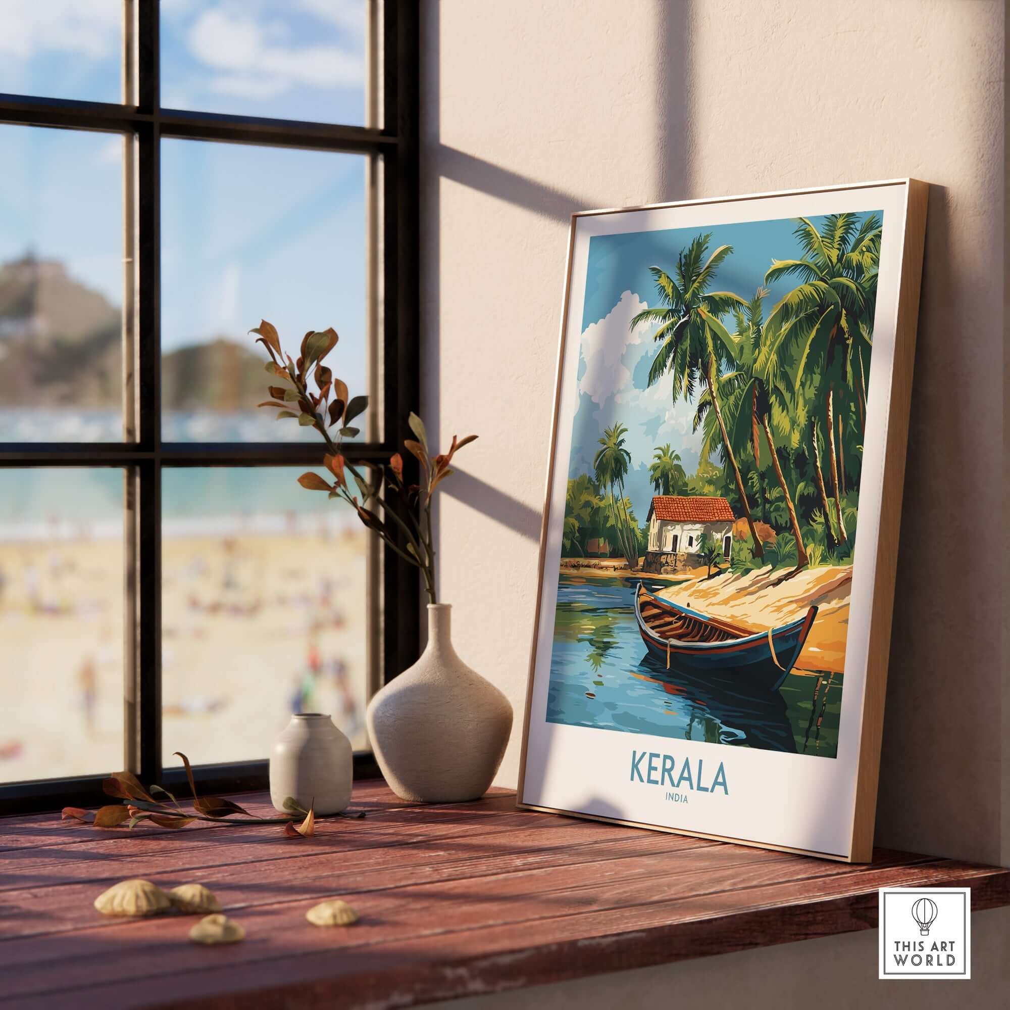Kerala Travel Poster India featuring a serene beach scene with palm trees and a boat, perfect for travel inspiration.