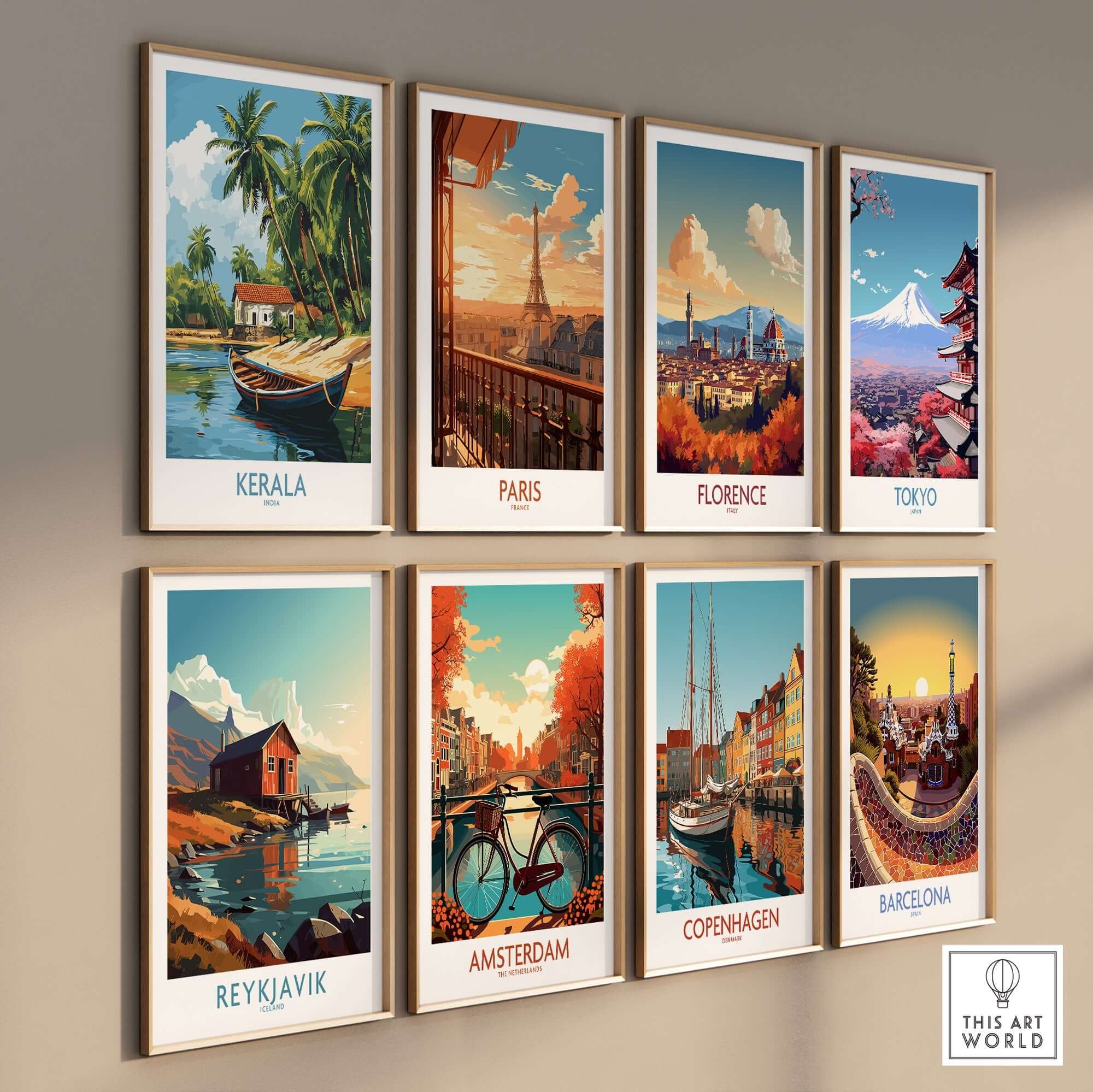 Kerala Travel Poster India showcasing vibrant landscapes and cultural richness, part of a travel print collection.