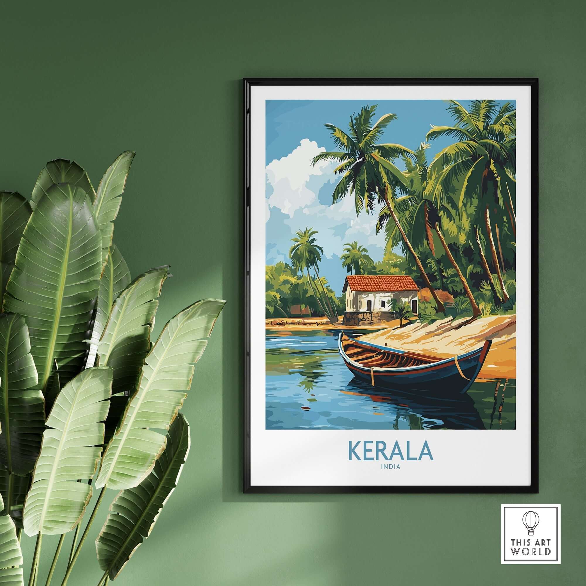 Kerala Travel Poster India framed print showcasing a tropical landscape with palm trees and traditional boat.