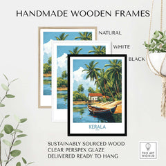 Kerala Travel Poster India in handmade wooden frames, showcasing vibrant landscapes of Kerala and ready to hang.