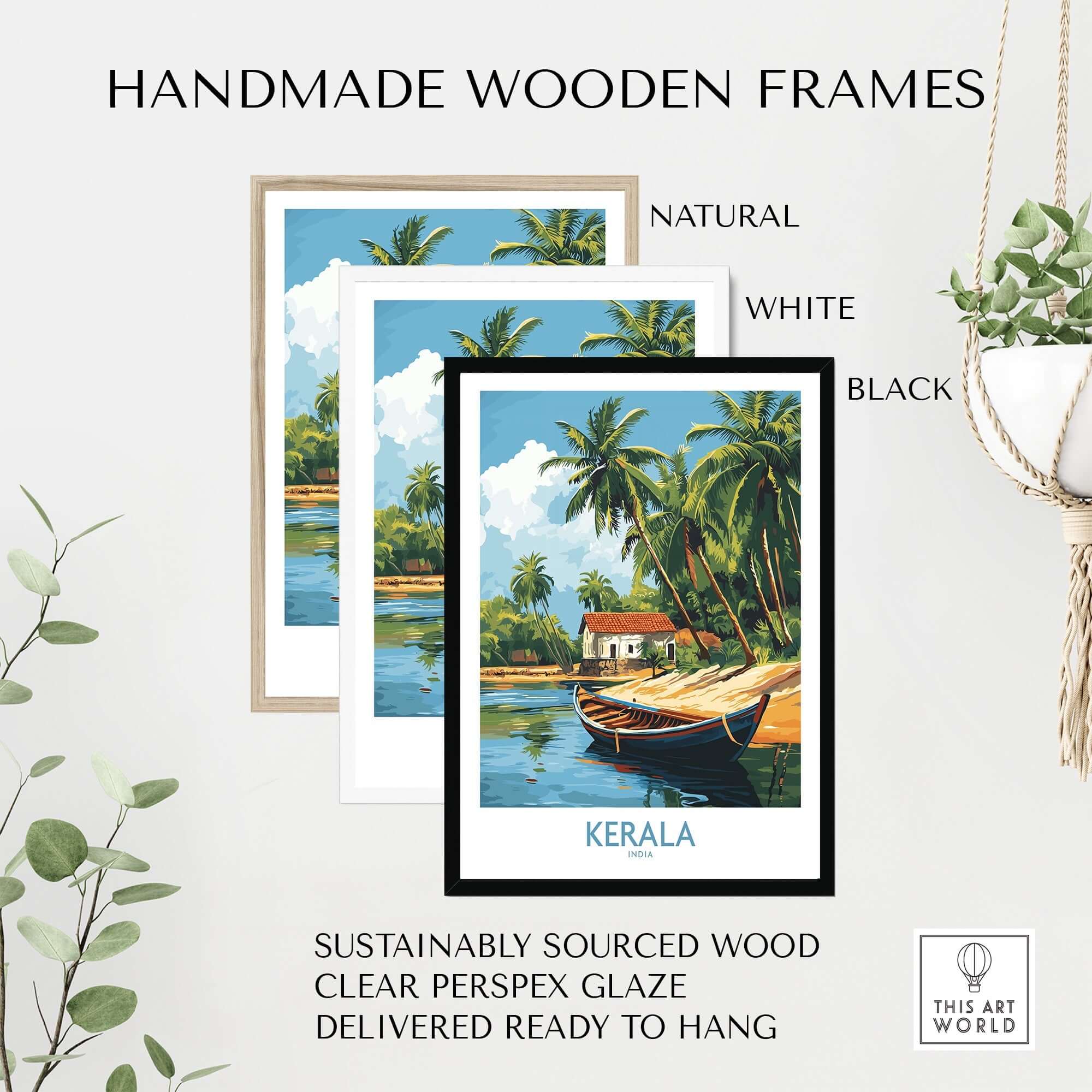 Kerala Travel Poster India in handmade wooden frames, showcasing vibrant landscapes of Kerala and ready to hang.