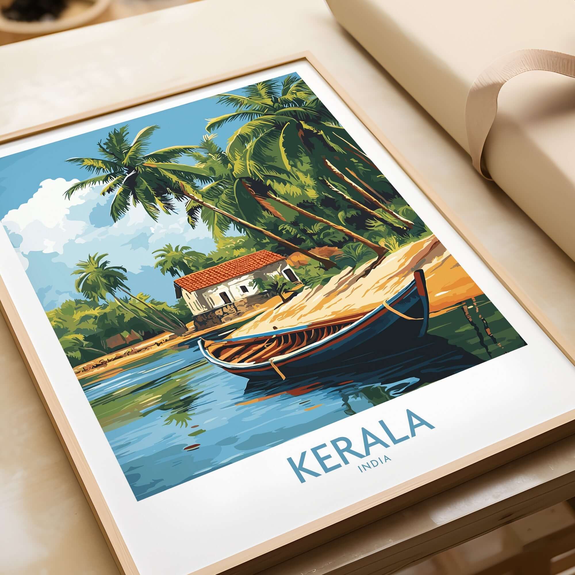 Kerala Travel Poster India featuring a serene landscape with a boat, palm trees, and a house by the water.