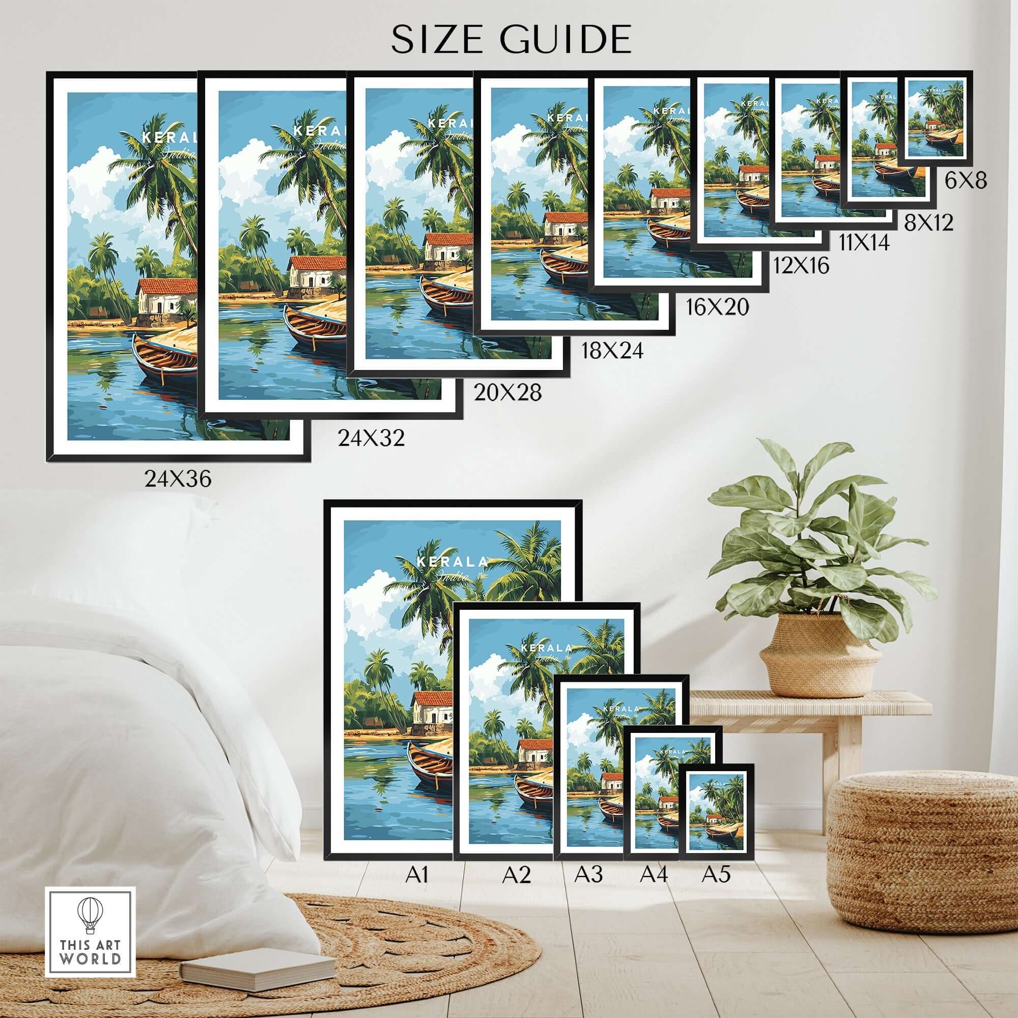 Size guide for Kerala Travel Print India showcasing various dimensions and home decor ideas.