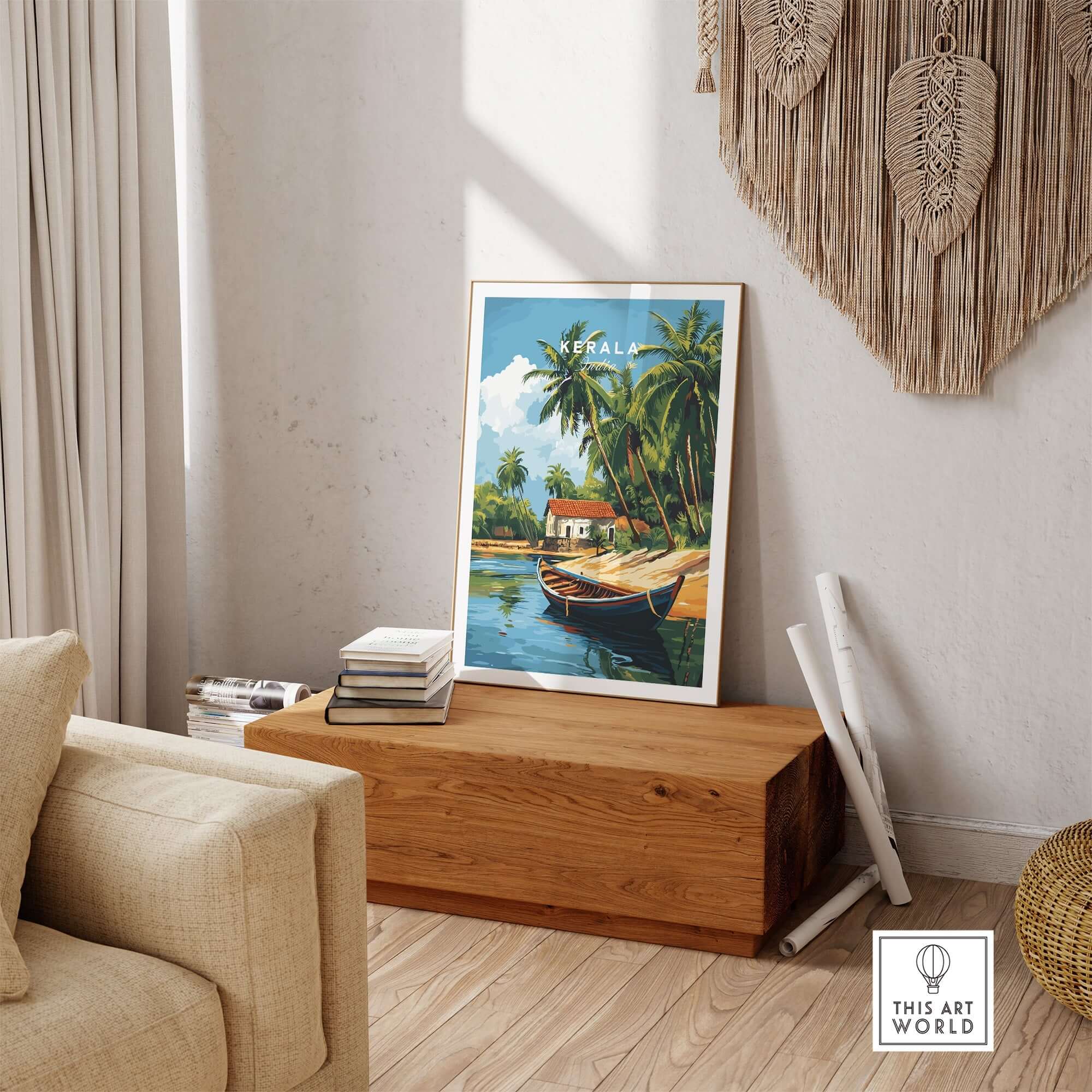 Kerala Travel Print India showcasing vibrant landscapes and culture in home decor setting