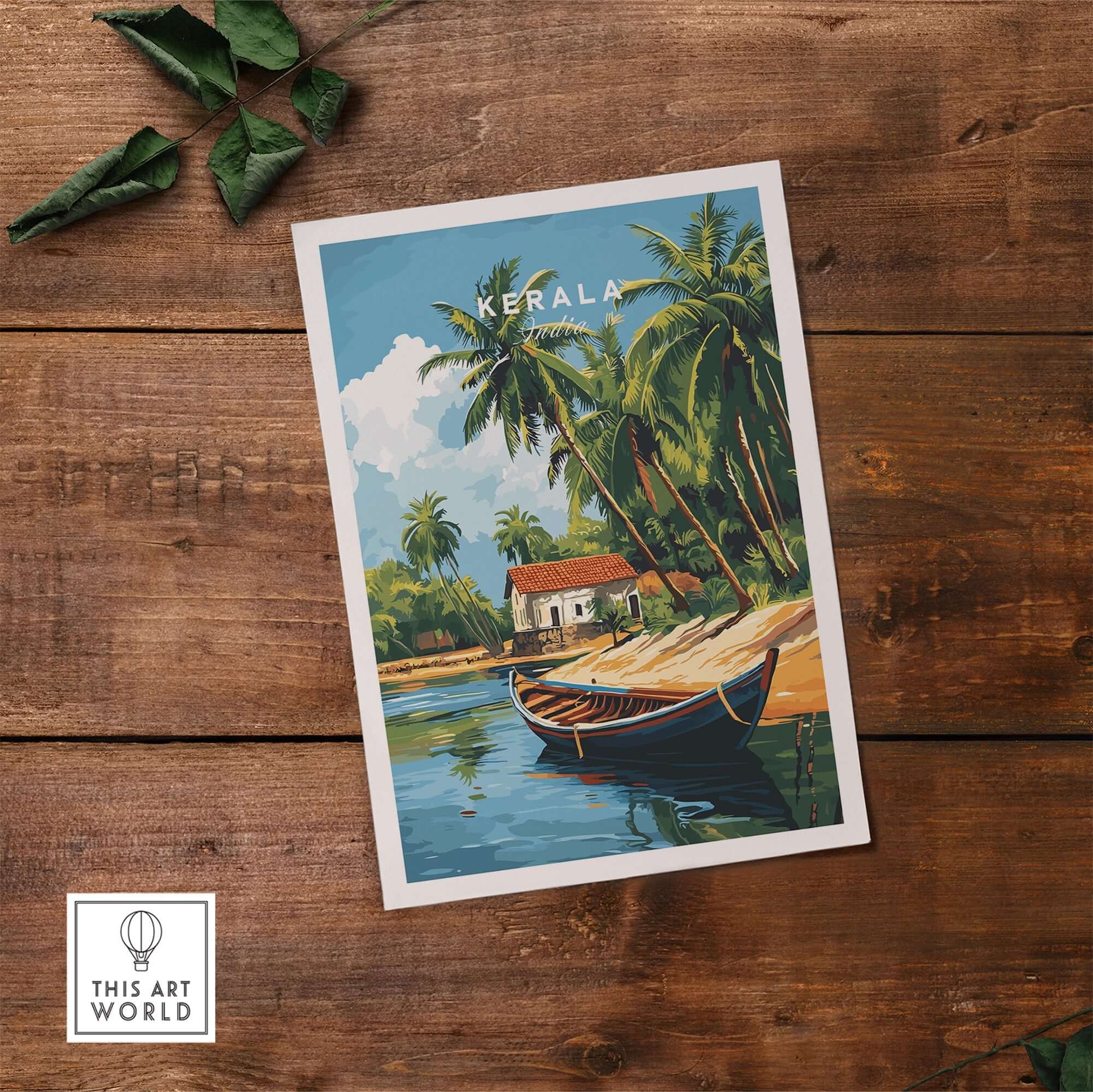 Kerala Travel Print India featuring lush landscapes, palm trees, and traditional house by water.