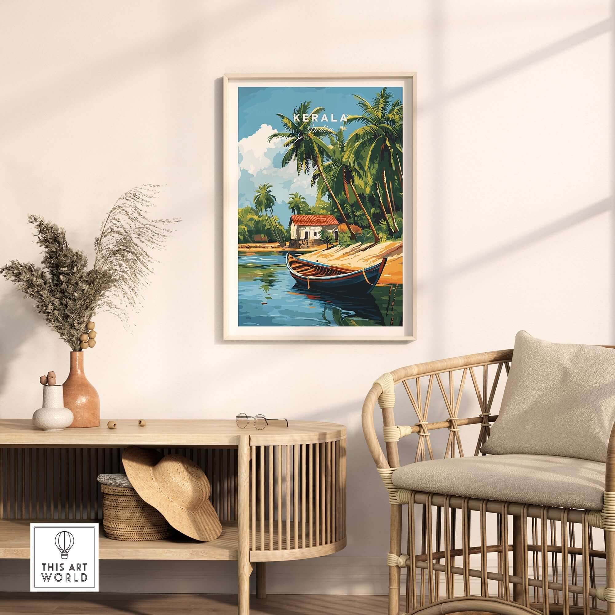 Kerala Travel Print India showcasing vibrant landscapes and culture with serene waters and palm trees.