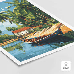 Kerala Travel Print India featuring a serene landscape with a boat and lush palm trees.