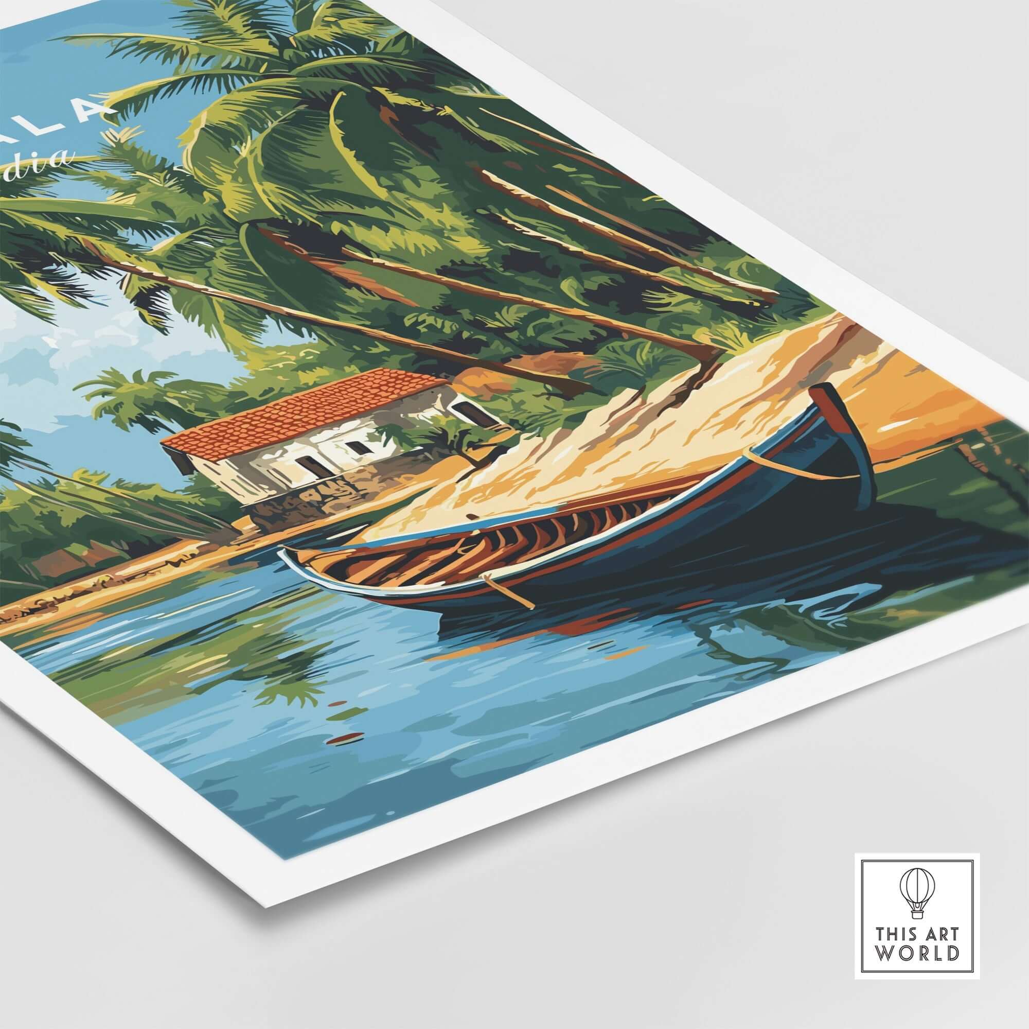 Kerala Travel Print India featuring a serene landscape with a boat and lush palm trees.