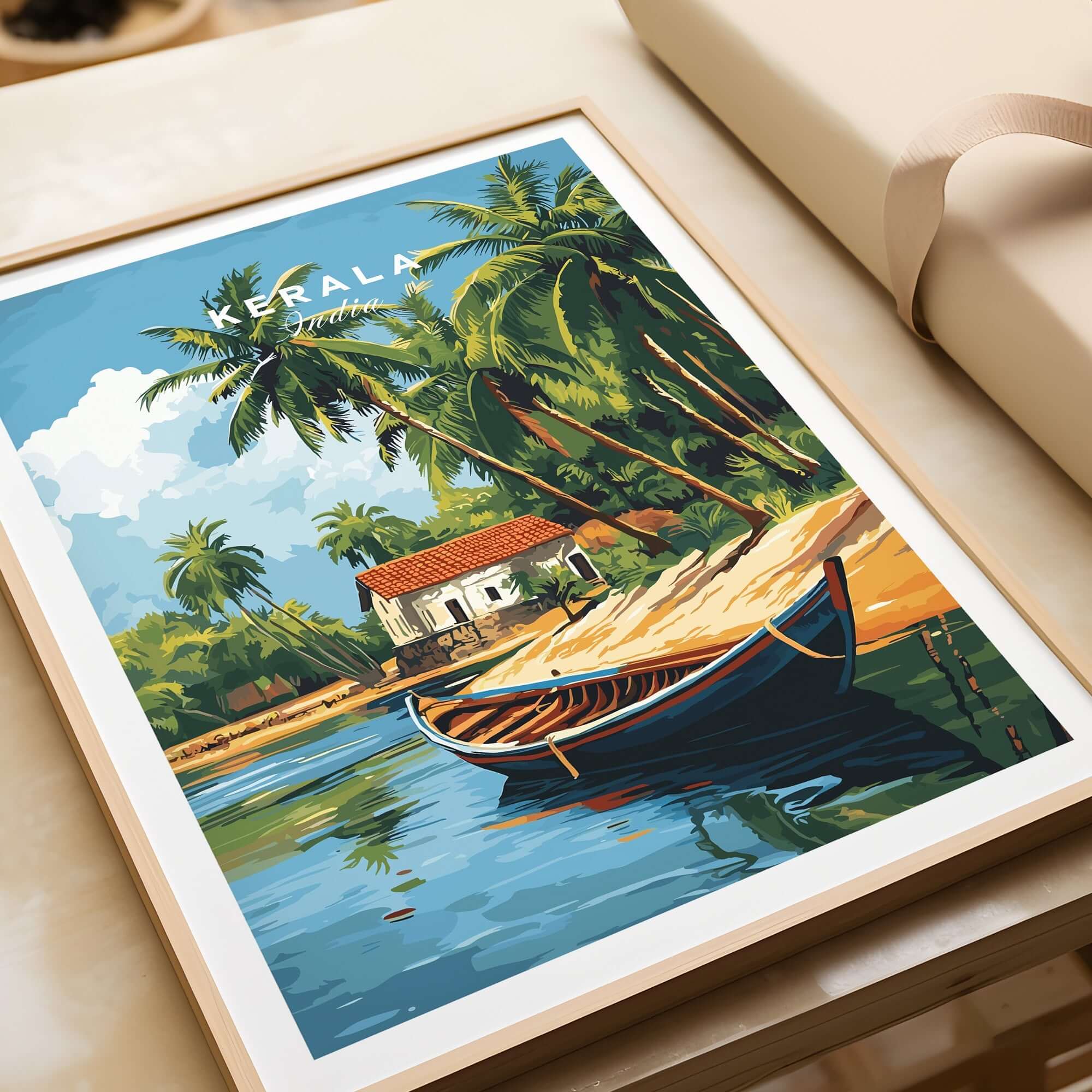 Kerala Travel Print India showcasing a scenic boat on a tranquil beach with lush greenery and a vibrant house.