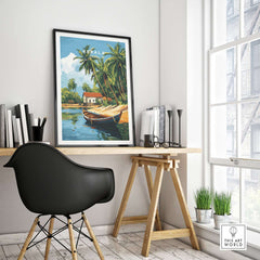 Kerala Travel Print India displayed in a cozy home office with a modern chair and a stylish desk.
