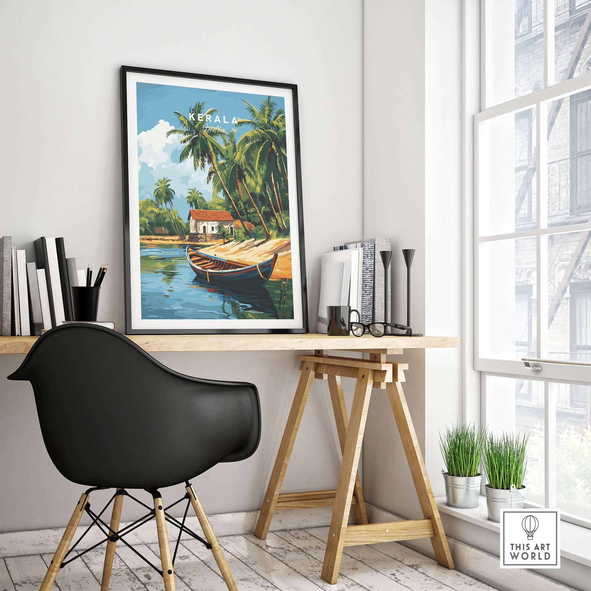 Kerala Travel Print India displayed in a cozy home office with a modern chair and a stylish desk.