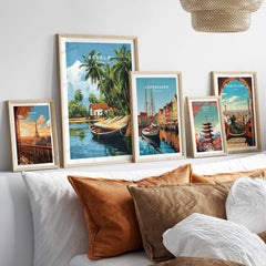 Kerala Travel Print India showcased among other vibrant travel prints on a stylish wall decor.