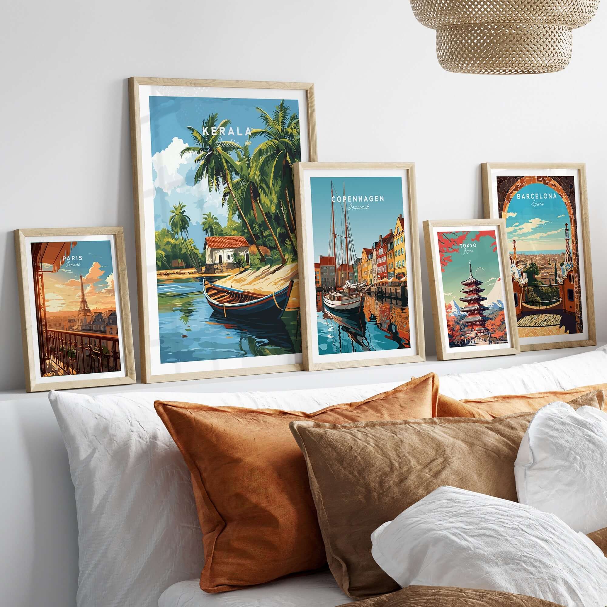 Kerala Travel Print India showcased among other vibrant travel prints on a stylish wall decor.
