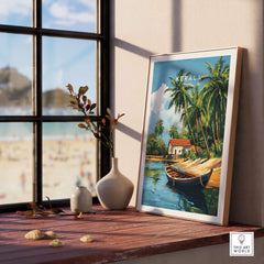 Kerala Travel Print India showcasing palm trees and a house by the beach, perfect for home decor.