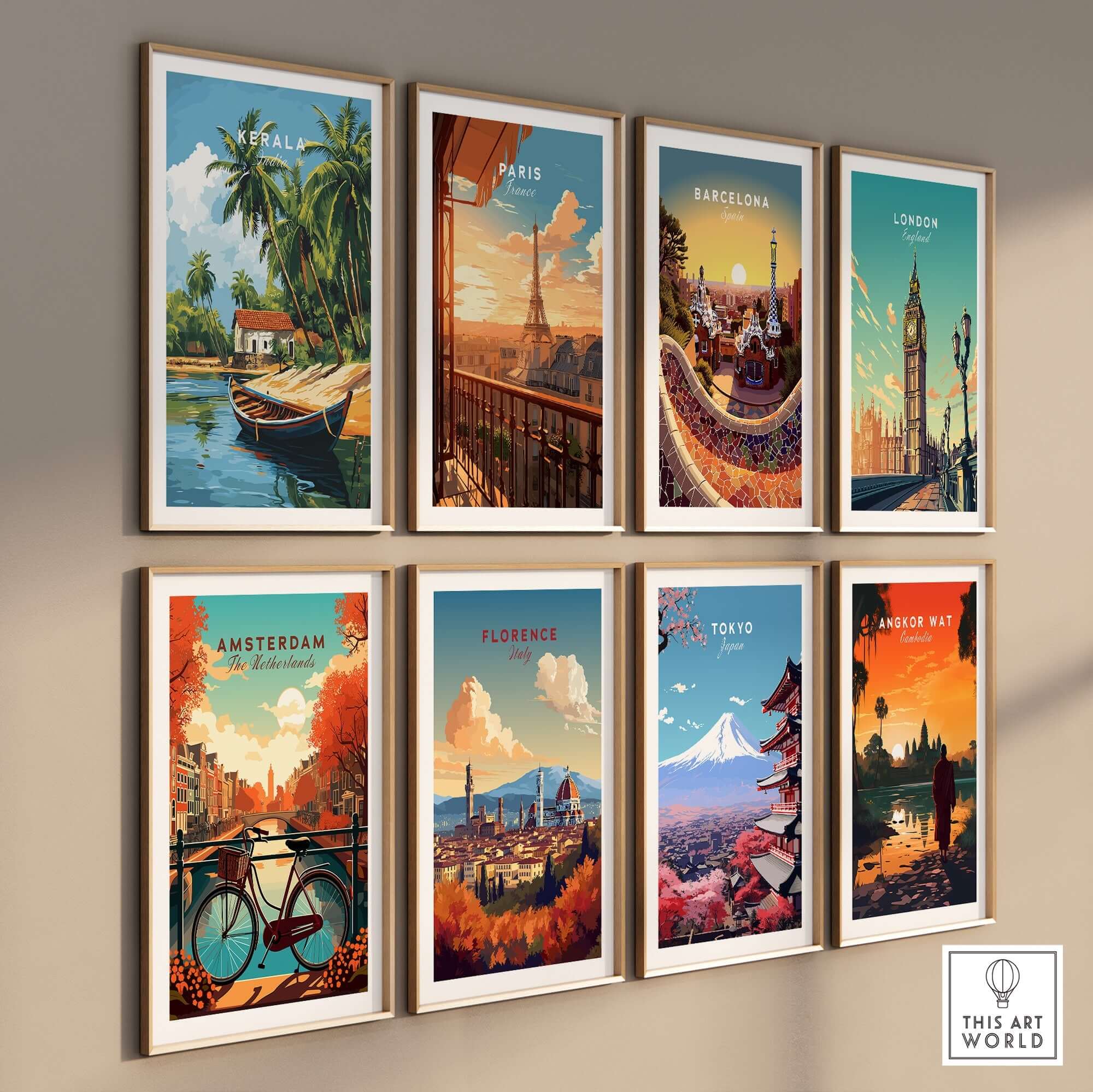 Kerala Travel Print India showcasing vibrant culture and landscapes in a colorful wall art display.