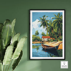 Kerala Travel Print India showcasing a picturesque landscape with palm trees and a boat, perfect for home decor.
