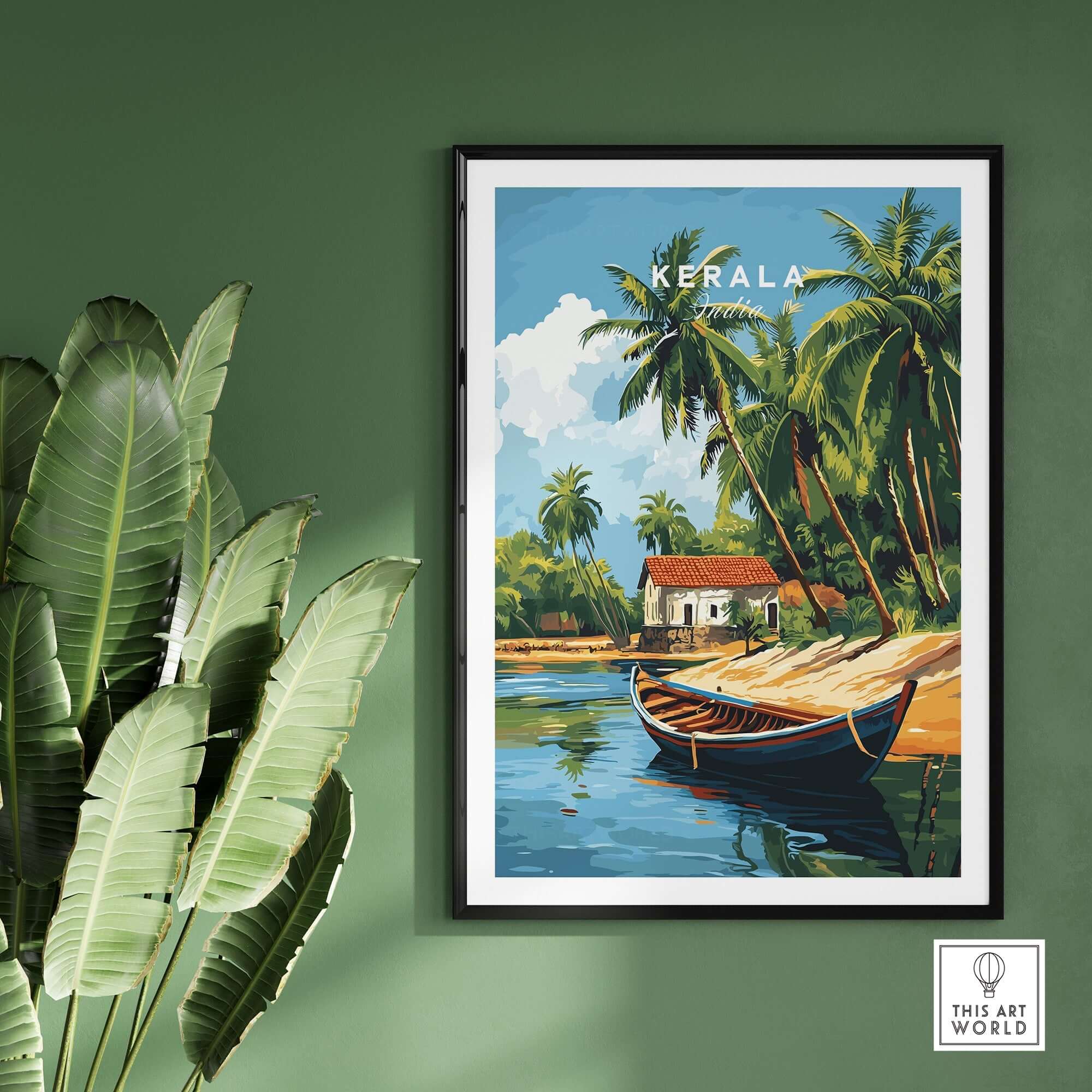 Kerala Travel Print India showcasing a picturesque landscape with palm trees and a boat, perfect for home decor.