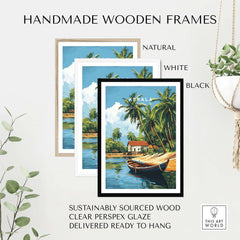 Handmade wooden frames in natural, white, and black for Kerala Travel Print India artwork, ready to hang.