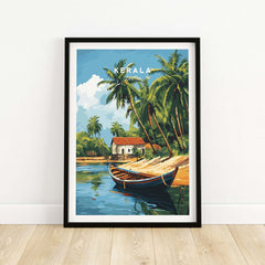 Kerala Travel Print India featuring a serene landscape with a boat and palm trees, capturing the beauty of Kerala.