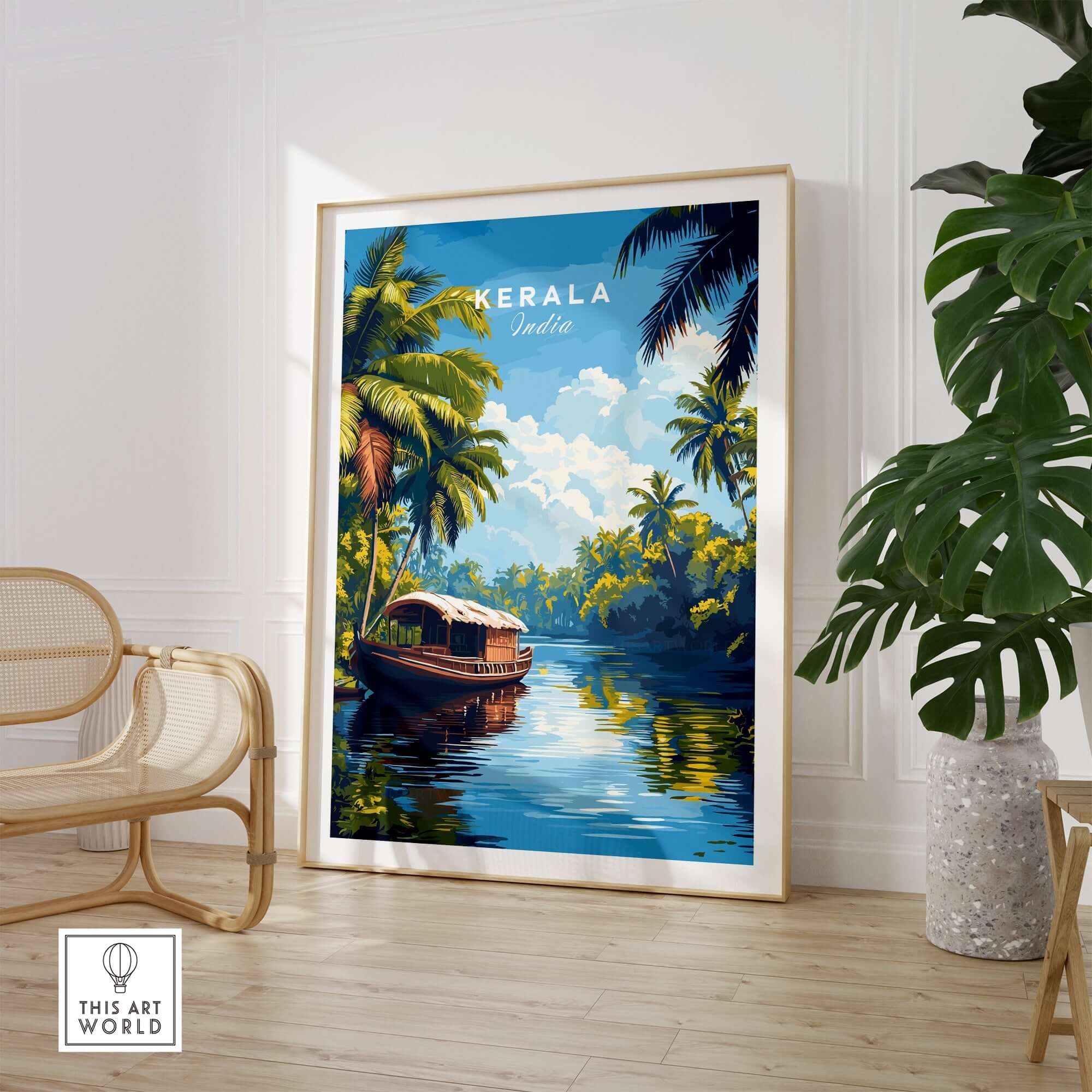 Kerala Wall Art India showcasing a serene landscape with a traditional boat and lush greenery in a vibrant travel poster.