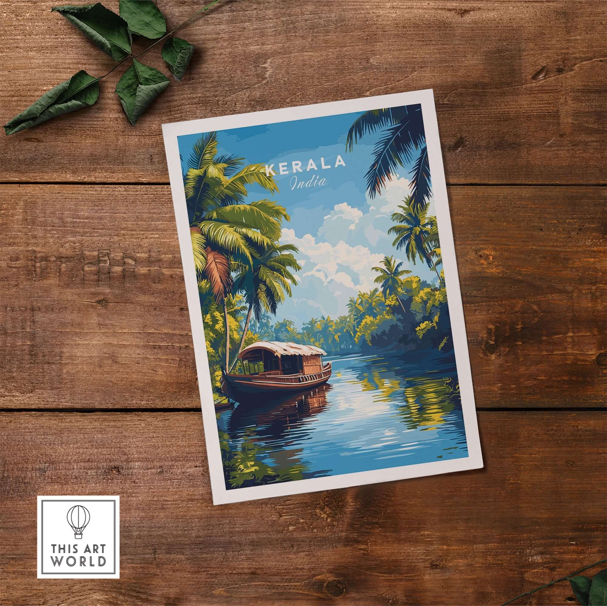 Vibrant Kerala Wall Art India poster showcasing backwaters and lush greenery, perfect for home decor.