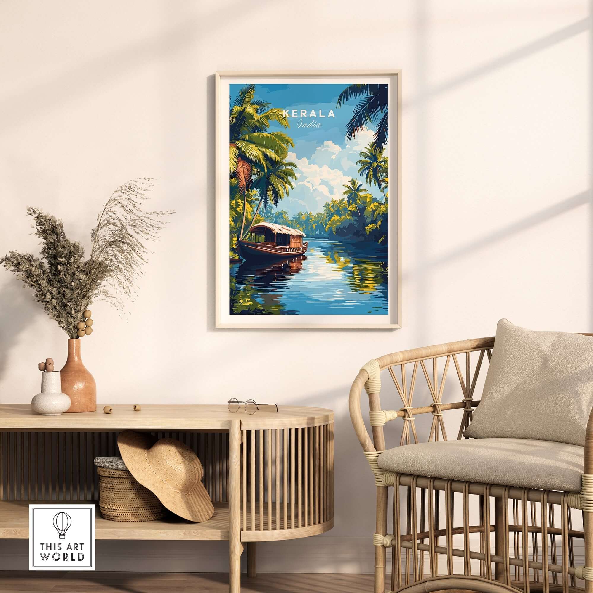 Kerala Wall Art India featuring a scenic travel print of a tranquil river scene with palm trees and a boat.